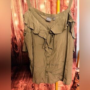 Soho Khaki Ruffle Cold Shoulder Blouse